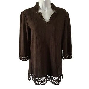 Ming Wang Knit Top Womens Small Brown Acrylic 3/4 Sleeve Studded Tunic